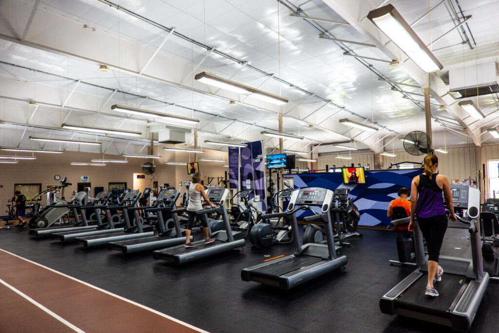 A row of treadmills at a gym